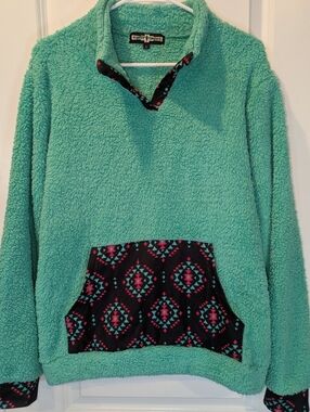 Rowdy Crowd Turquoise Sherpa Pullover Aztec Print Kangaroo Pocket Western Fleece